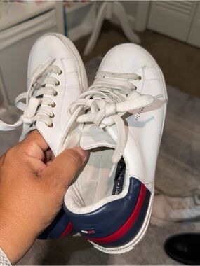Tommy Hilfiger White Sneakers with Navy & Red Heel Stripe